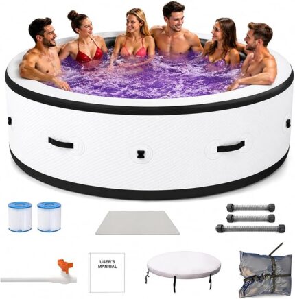 Aufblasbarer Whirlpool für 6 Personen (4 Personen Kapazität) Großes Volumen Ø 206 x 71 cm, Hydrotherapie-Bad mit 150 Sprudeldüsen, Heizleistung bis 40 °C, robustes, reißfestes PVC, LED-Innenbeleuchtung