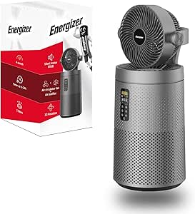 Energizer Turmventilator mit Luftreiniger, leise (35 dB), 368 m³/h, 90°-Oszillation, 72 cm, 4 Geschwindigkeitsstufen, waschbarer HEPA-Filter, für Schlaf- und Wohnzimmer, Grau